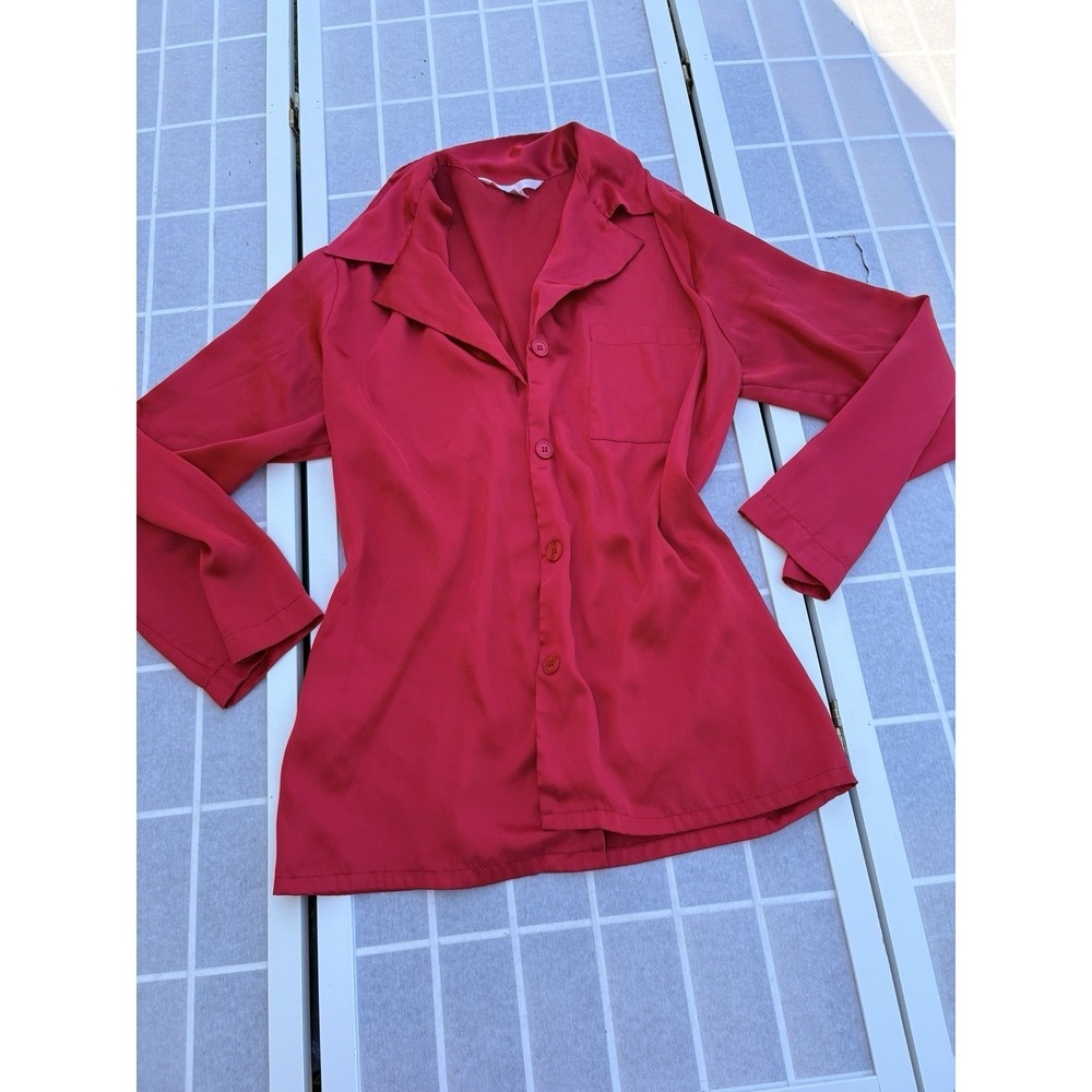 Victoria's Secret Romantic Long Sleeve Red Satin Pajama Shirt  Sz Medium